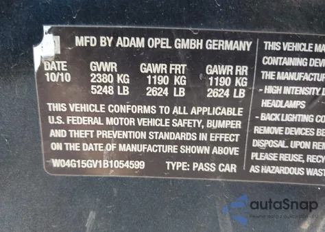 2011 Buick Regal Cxl Turbo Russelsheim from USA, damaged, VIN W04G15GV1B1054599